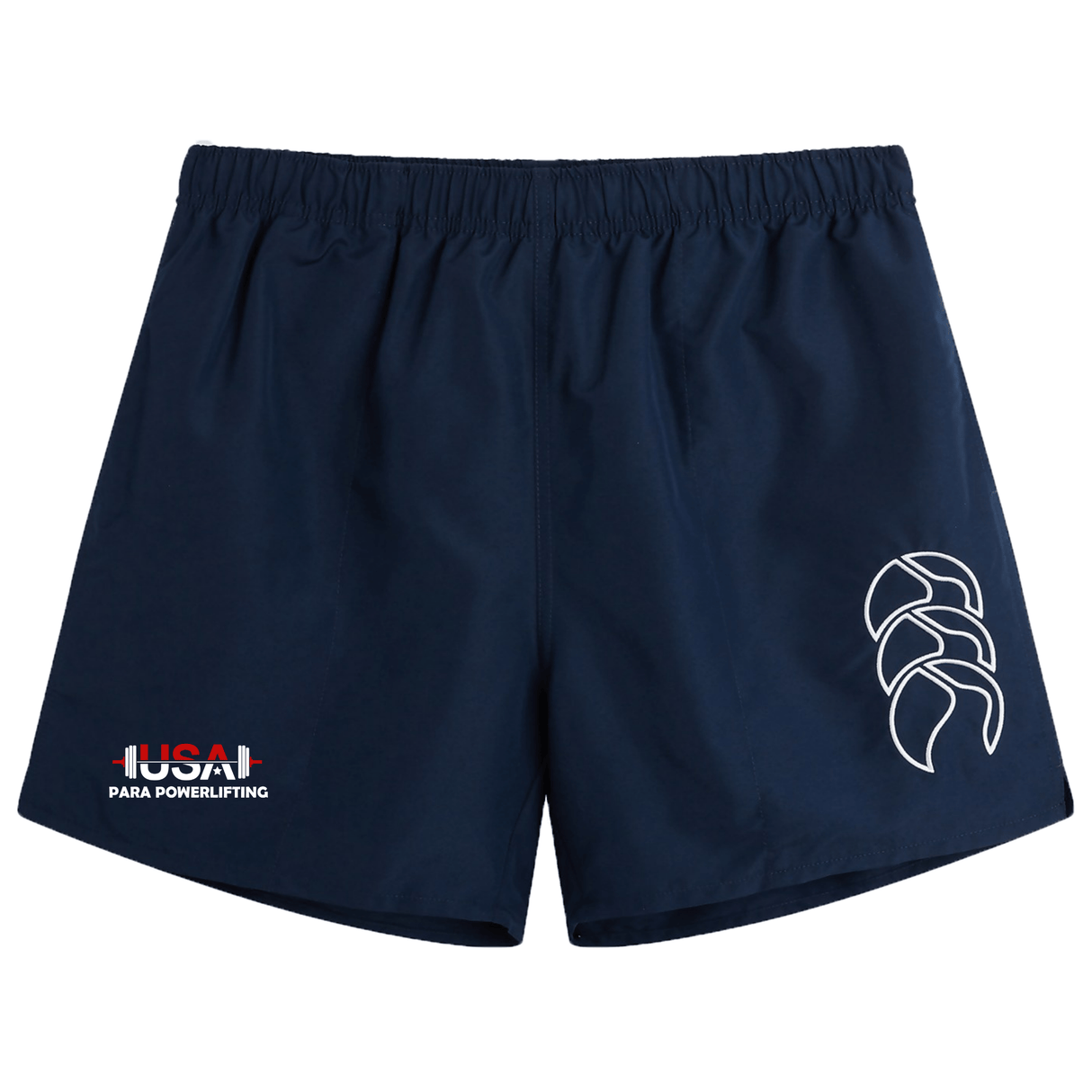 The USA Para Powerlifting Tactic Short by EMB Canterbury features navy blue lightweight fabric, a white abstract logo on the right leg, and "USA Para Powerlifting" with a barbell graphic on the left, inspired by classic Canterbury style.