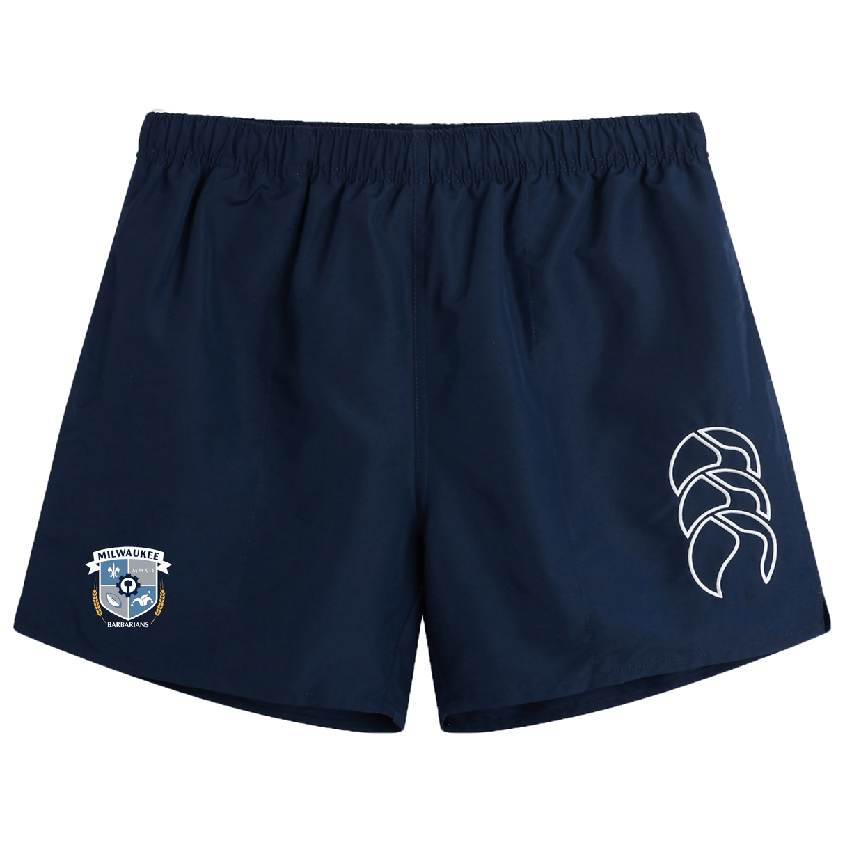 The Milwaukee Barbarians Rugby Tactic Short by EMB Canterbury features a white logo on the right leg and team crest on the left. These lightweight navy blue men's shorts offer comfort and durability for active wear.