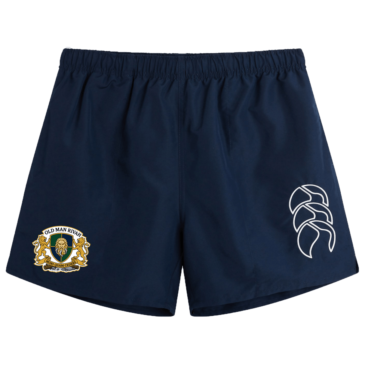 The Old Man Rivah Rugby Tactic Short by EMB Canterbury features a navy blue design, elastic waistband, crest logo on the left leg, and a white geometric pattern on the right—ideal men's shorts for sport and style.