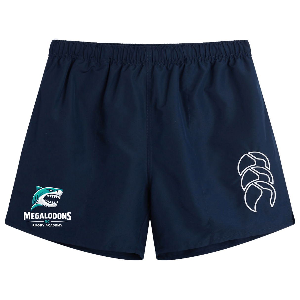 The NC Rugby Academy - Megalodons Tactic Short by EMB Canterbury are navy blue lightweight men's rugby shorts with an elastic waistband, a shark logo and "Megalodons Rugby Academy" text on the left leg, inspired by classic Canterbury designs.