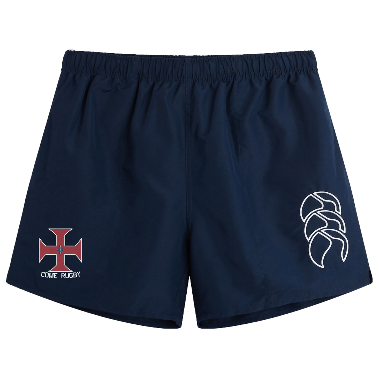 The SF CDME Rugby Tactic Short by EMB Canterbury comes in navy blue and features a white Canterbury logo on the right leg, along with a red and white "Cove Rugby" cross emblem on the left leg. These men's lightweight shorts are designed for comfort and performance both on and off the field.