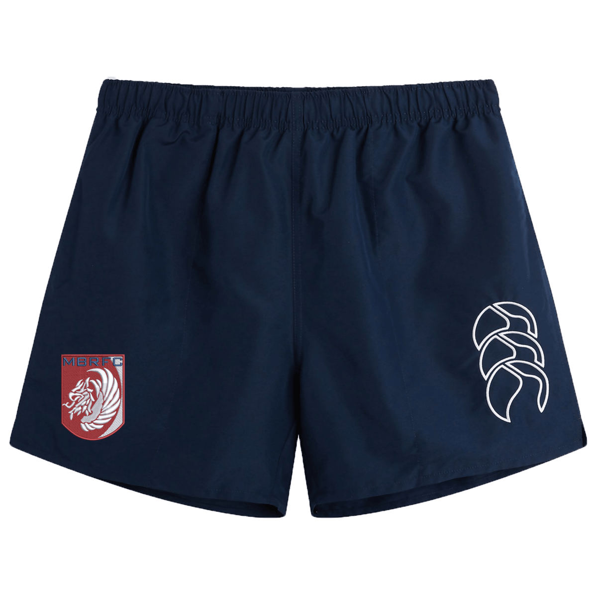 The Montgomery Bucks Griffins Tactic Short by EMB Canterbury features a navy blue design with an elastic waistband, white abstract logo on the right leg, and red and white lion crest on the left—ideal for rugby or daily wear.
