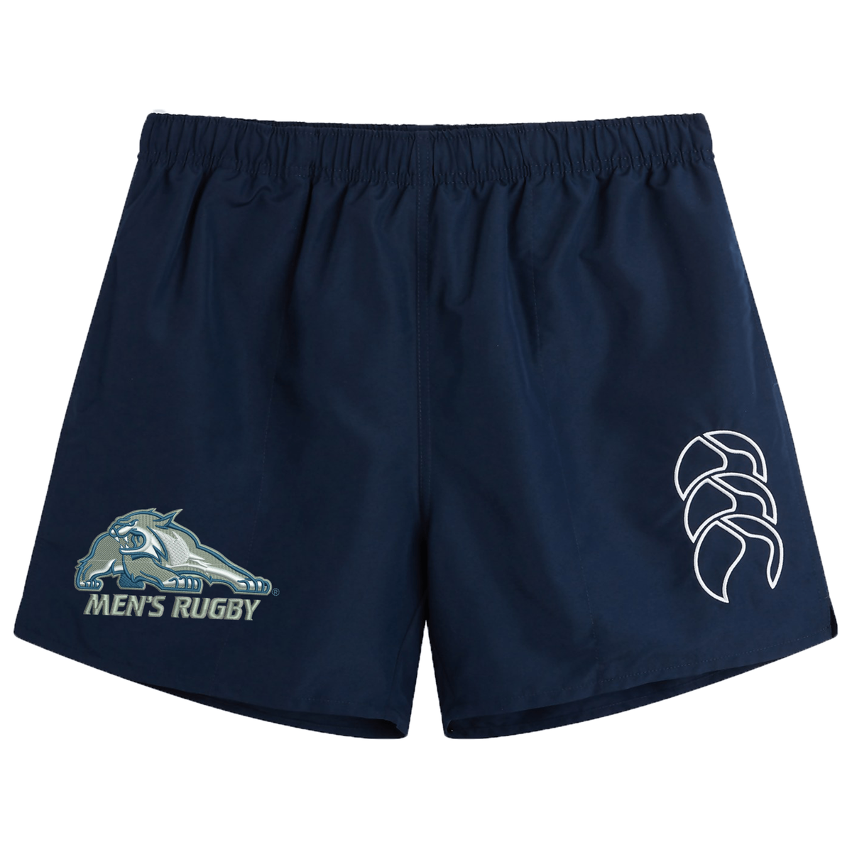 Navy blue University of New Hampshire Tactic Short by Canterbury featuring a “Men’s Rugby” wildcat mascot logo on the right leg and a white triple-c logo on the left leg.