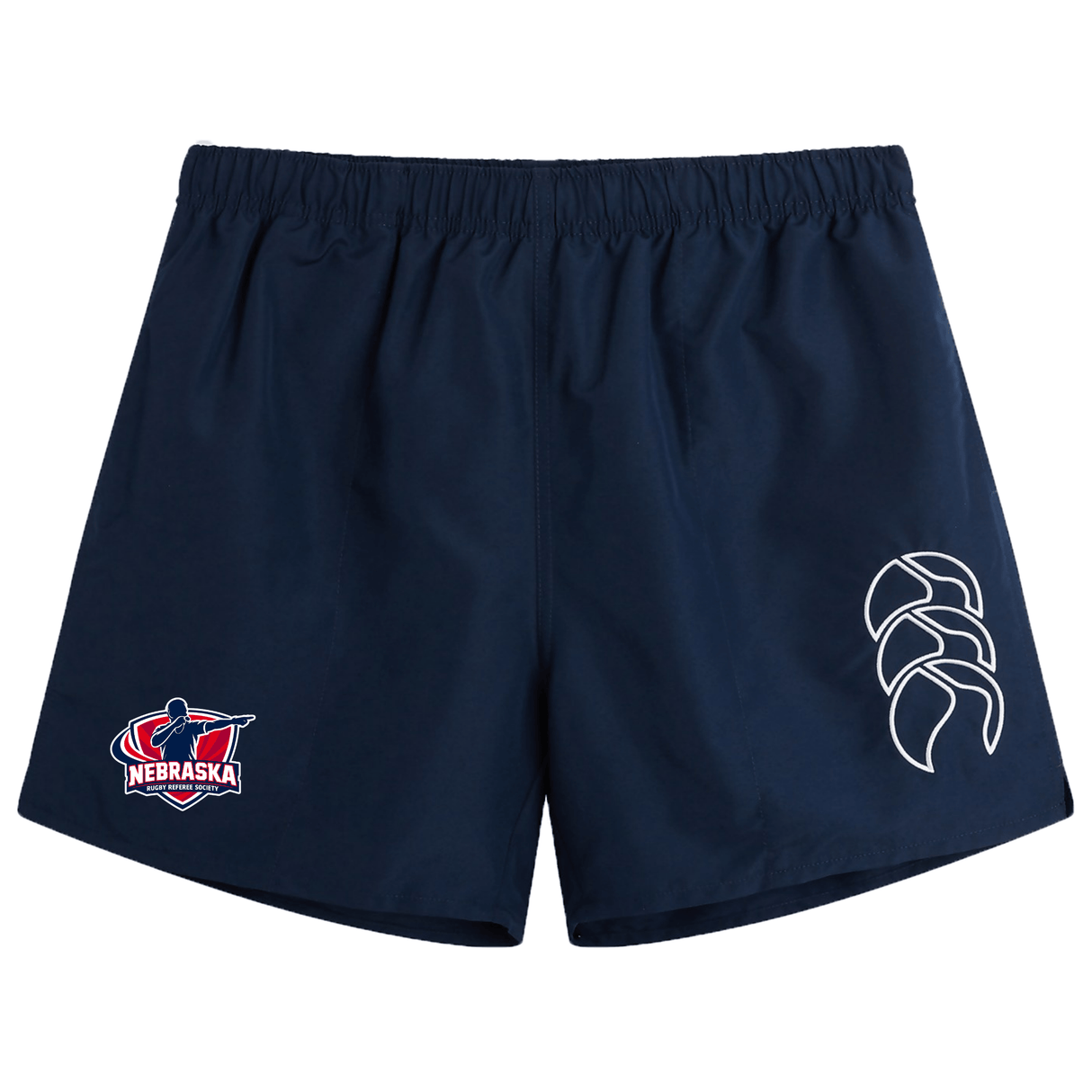 The Nebraska Rugby Referee Society Tactic Short by EMB Canterbury is a navy blue men's short with a Nebraska rugby logo on the left leg, a white abstract design on the right, and crafted in lightweight Canterbury style for comfort and performance.