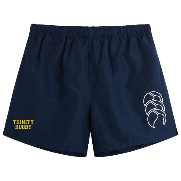 Navy blue men's Trinity College Tactic Shorts by Canterbury, featuring a yellow "Trinity Rugby" text on the left side and a white logo on the right side, perfect for dominating the rugby pitch.