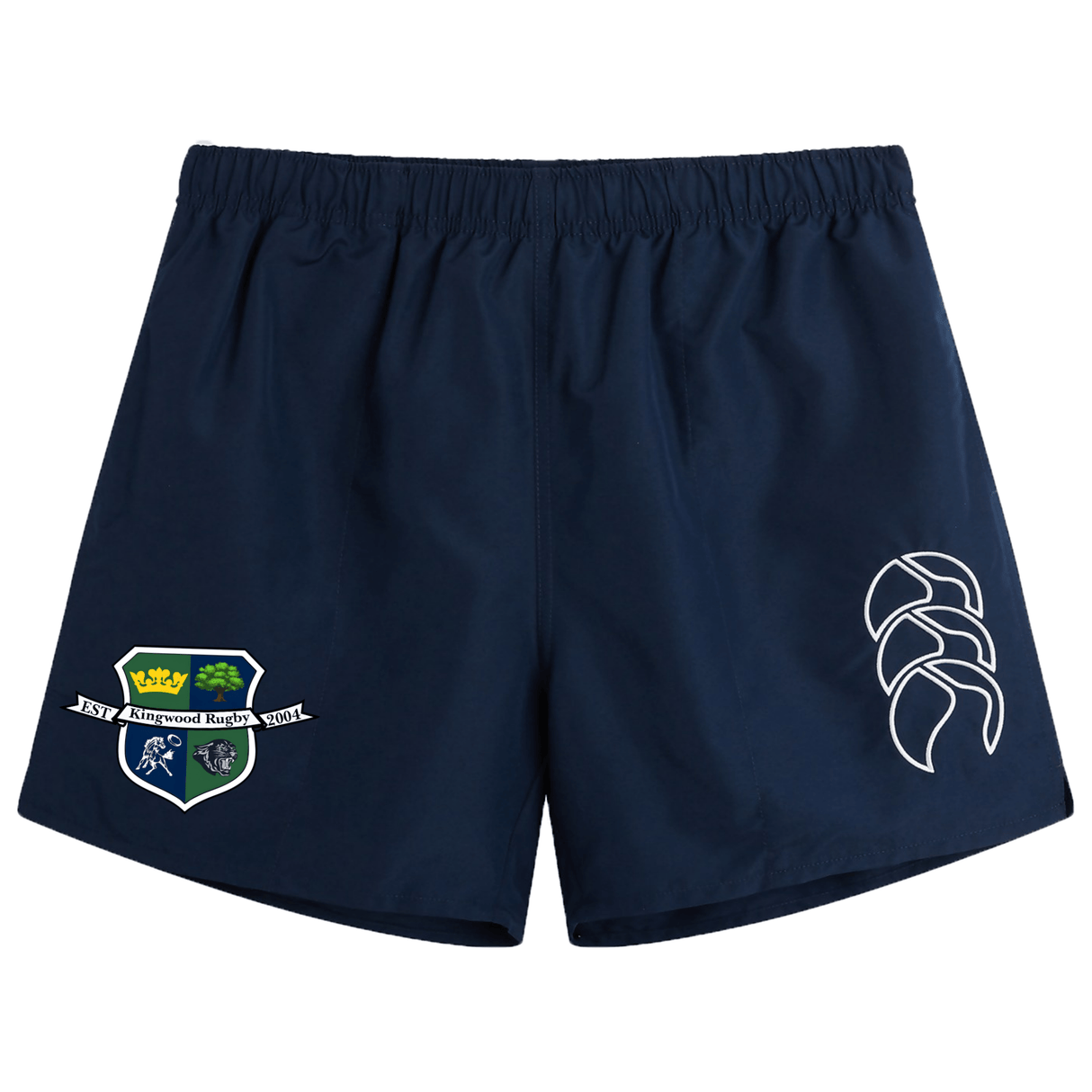 The Kingwood Rugby Tactic Short by EMB Canterbury features a school crest on the left leg and a white geometric logo on the right. These lightweight men’s shorts are ideal for sports or casual wear.