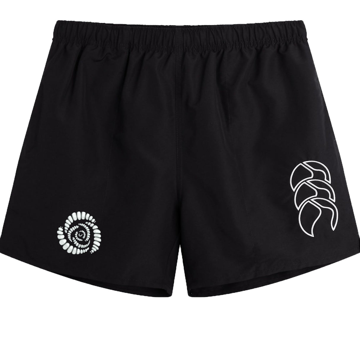 The Missoula All-Maggots Tactic Short by EMB Canterbury features an elastic waistband and showcases a striking white spiral design on the left leg alongside a bold white abstract pattern on the right. Designed for men, these lightweight athletic rugby shorts combine comfort and style, making them perfect for your next training session or game.
