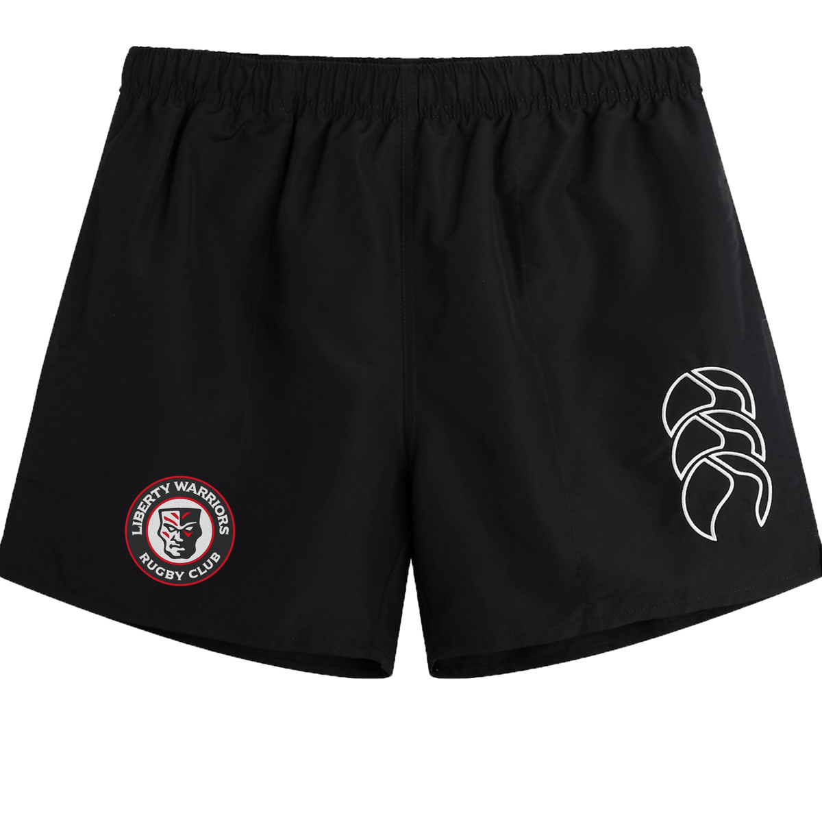 Explore our Liberty Lake Warriors Tactic Shorts by EMB Canterbury, featuring the iconic Liberty Warriors Rugby Club logo on one leg and a bold white abstract design on the other. These black athletic men's shorts are ideal for dedicated players seeking both style and performance.