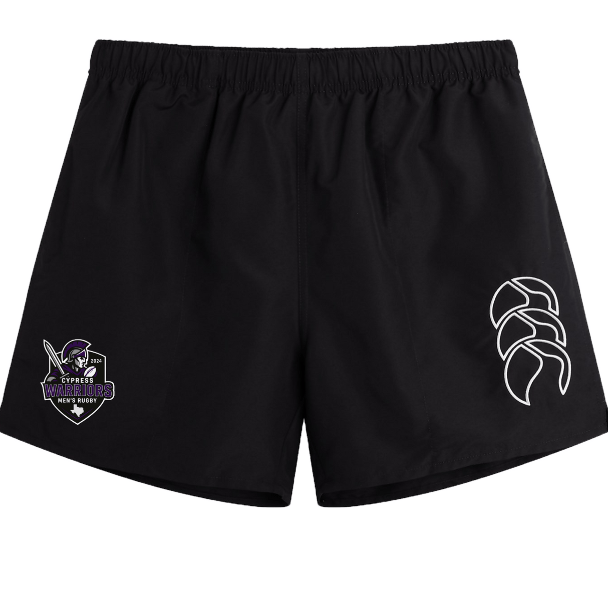 The EMB Canterbury Cypress Warriors Men's Rugby Tactic Short features a purple team logo on the left leg and a white abstract design on the right. These lightweight shorts deliver comfort and style for training or game day.