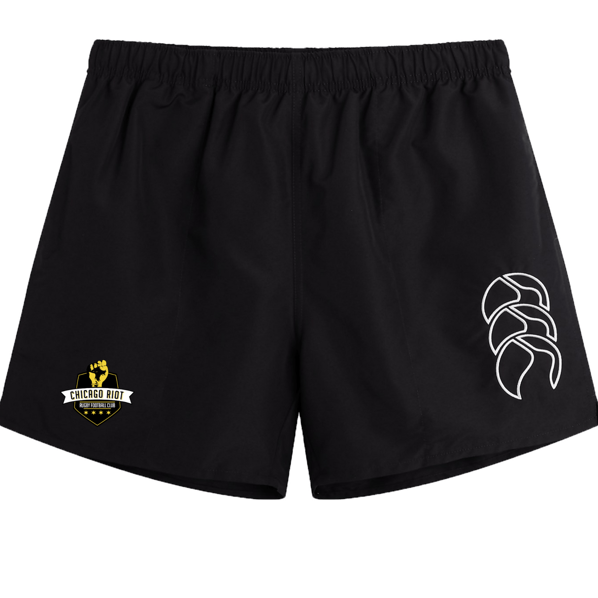 The Chicago Riot Tactic Short by Canterbury features a white claw logo on the right leg and a yellow Chicago Riot Rugby Club badge on the left, merging EMB Canterbury style with athletic performance in lightweight men's rugby shorts.