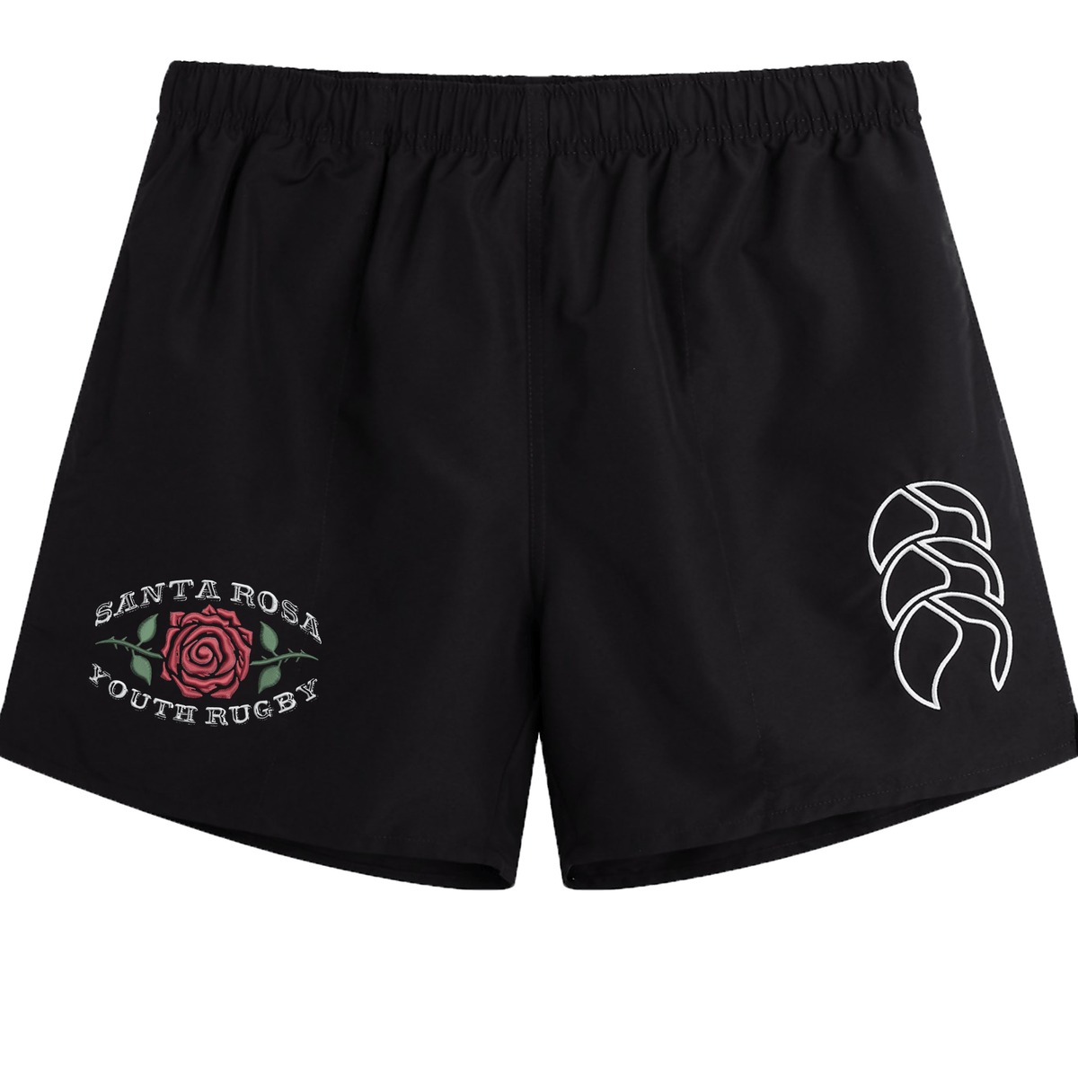 The Santa Rosa Youth Rugby Tactic Short by EMB Canterbury features a black athletic design with “Santa Rosa Youth Rugby” and a red rose graphic on the left leg, complemented by a white abstract Canterbury logo on the right leg. These lightweight men’s shorts offer comfort and durability, making them perfect for rugby players both on and off the field.