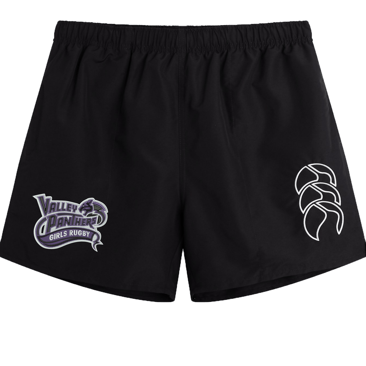 The Valley Panthers Girls Rugby Tactic Short by Canterbury features a black athletic design with a white stylized claw logo on the right leg and a “Valley Panthers Girls Rugby” emblem on the left. Made by EMB Canterbury, these lightweight shorts are designed for comfort and peak performance on the field.