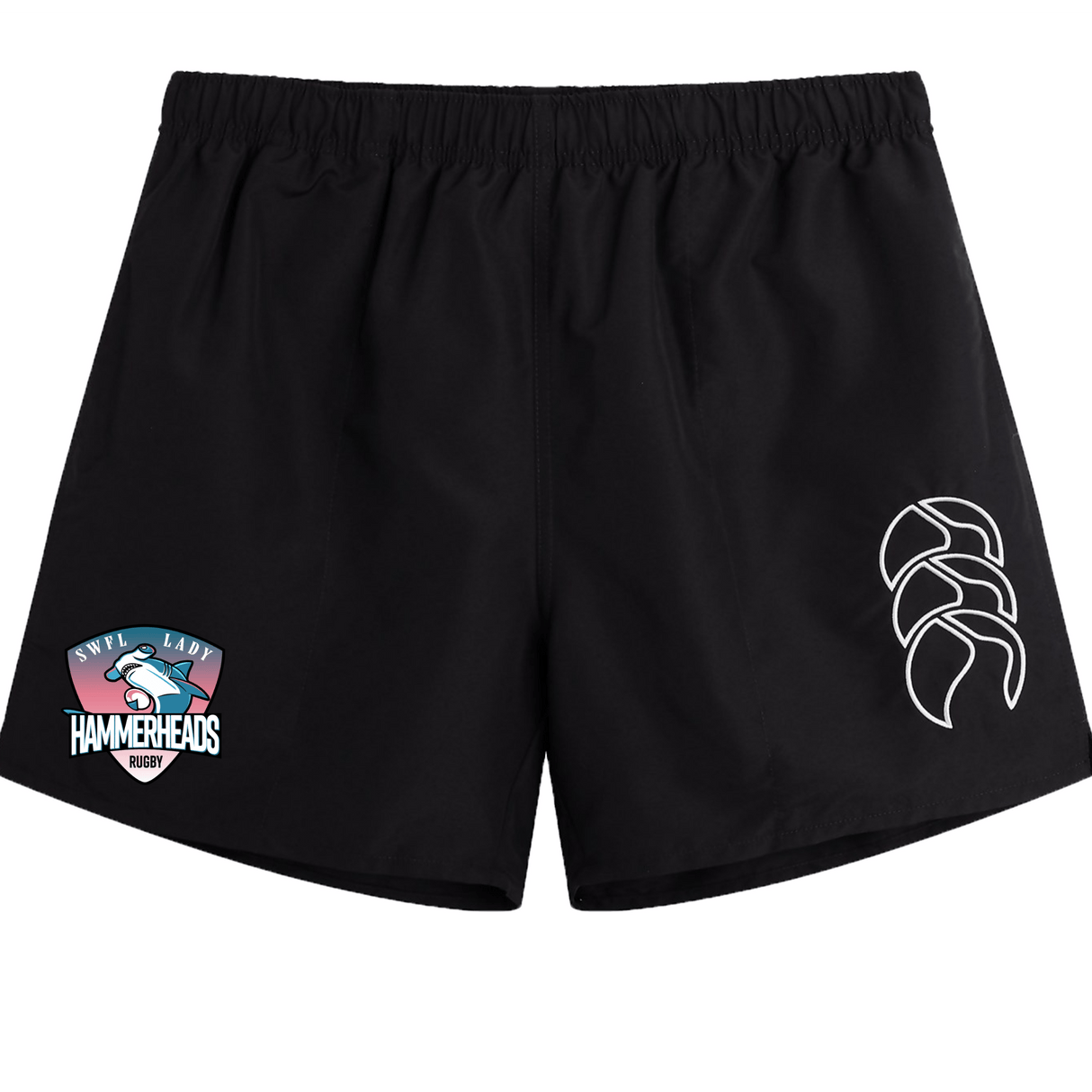 The SWFL Lady Hammerheads Tactic Short by WRS Canterbury features a white stylized logo on the right leg and a team crest on the left—men's lightweight rugby shorts designed for comfort and performance.