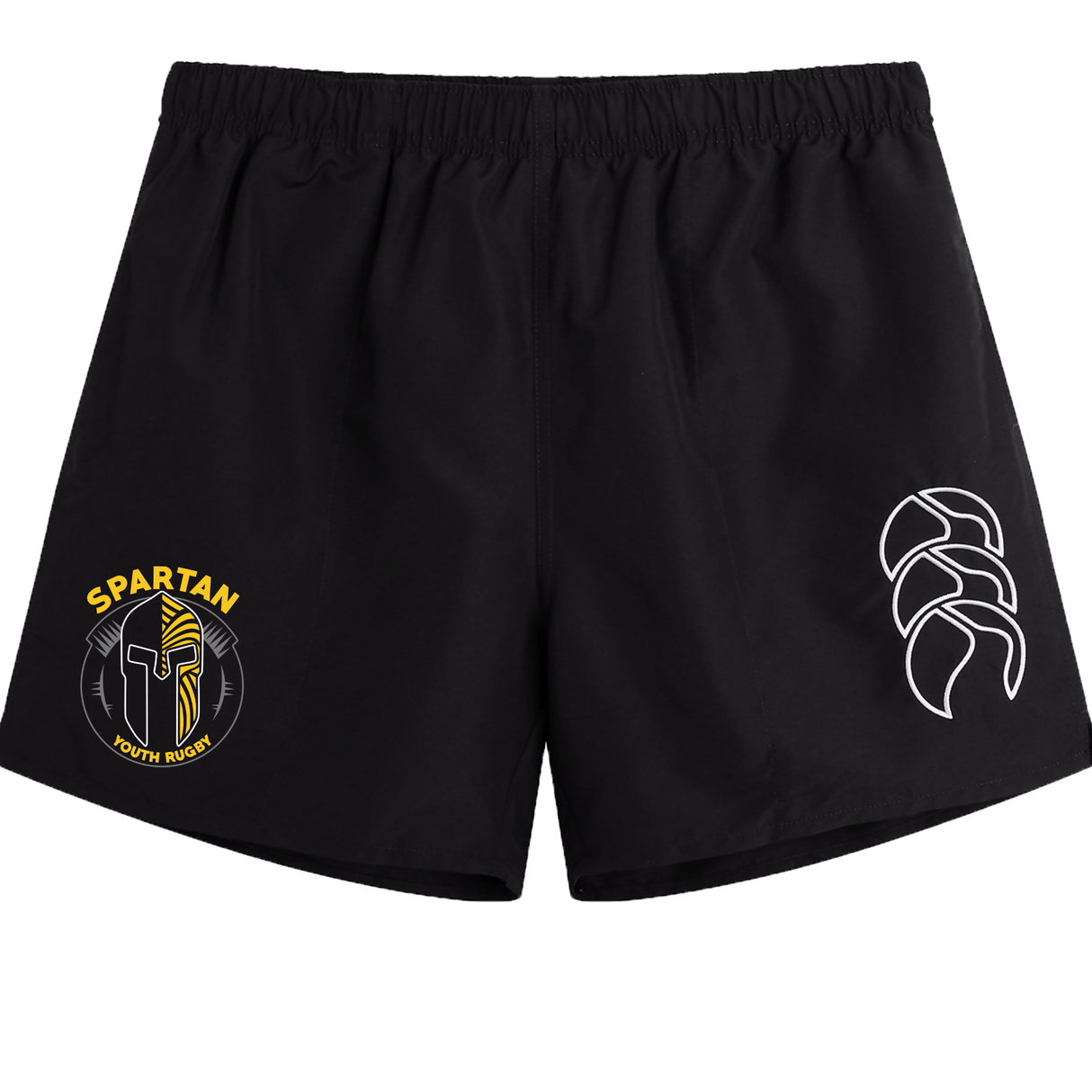 The EMB Canterbury Spartan Youth Rugby Tactic Short features an elastic waistband, a "Spartan Youth Rugby" logo on the left leg, and a white abstract design on the right.