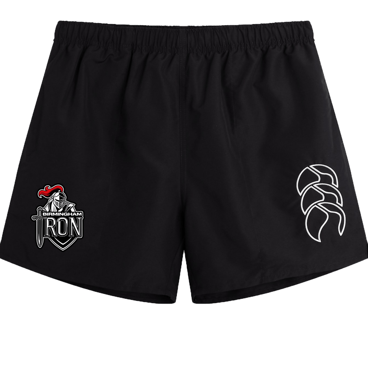 The EMB Canterbury Birmingham Iron Women's Football Tactic Short features the team's logo and a white abstract design—perfect for rugby or casual wear.