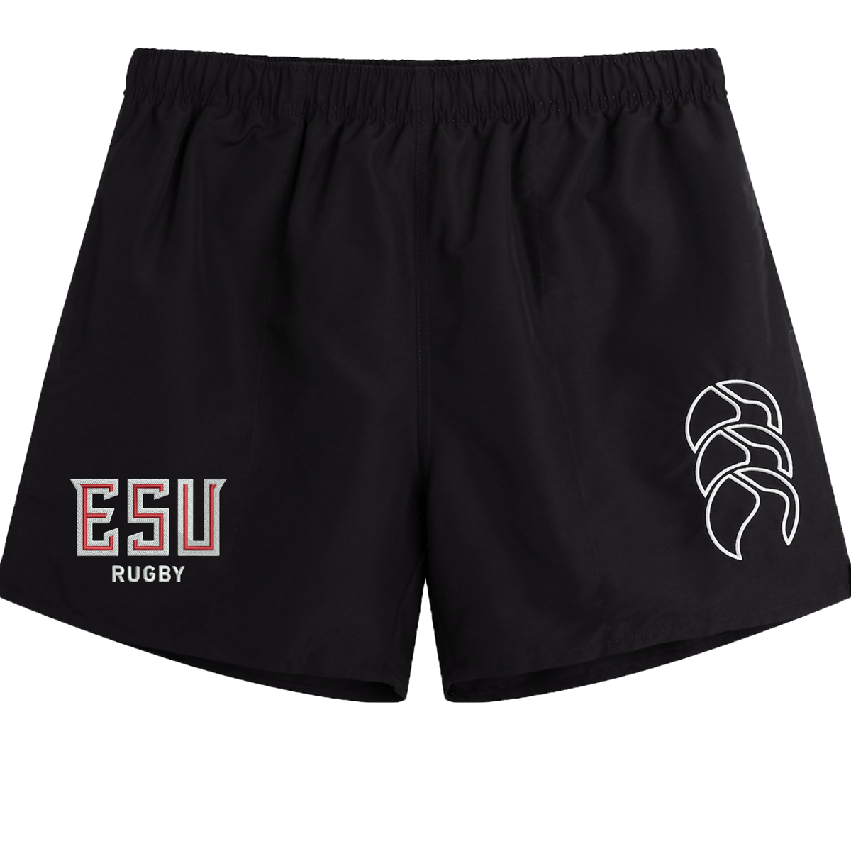 The EMB Canterbury East Stroudsburg University Tactic Short is a lightweight men's rugby short in black, featuring "ESU Rugby" in red and white on the left leg and a white rugby logo on the right—perfect for athletic performance.