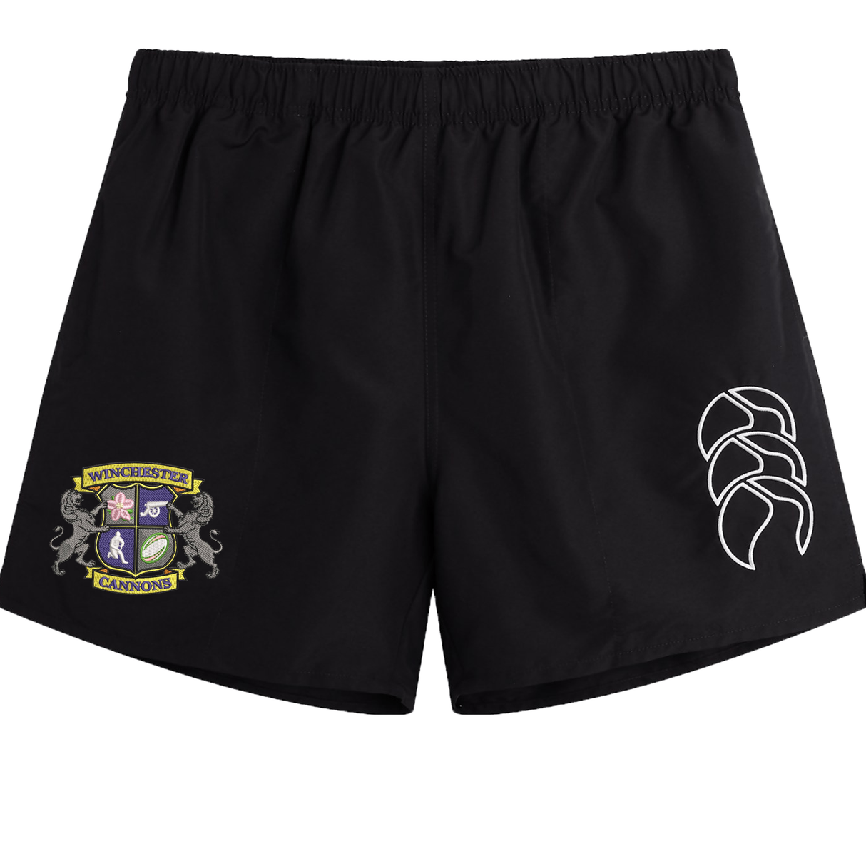 The Winchester Cannons Tactic Short by EMB Canterbury features a left-side team crest and white abstract design, blending comfort and style for training or game day. Lightweight and ideal for black men's rugby shorts.