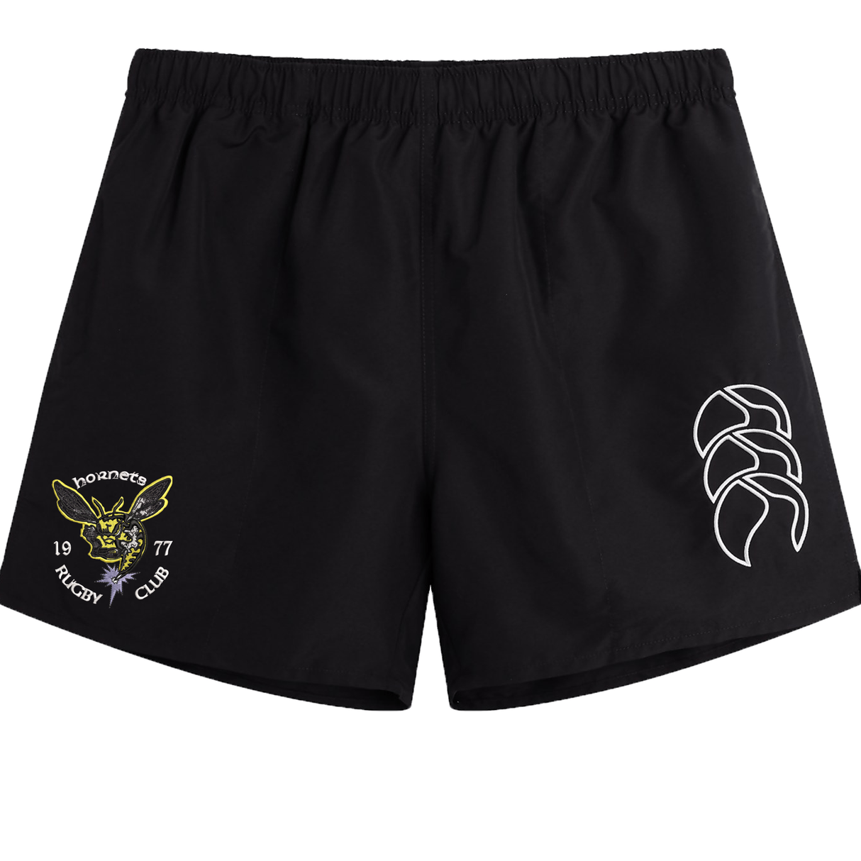 Introducing the Hornets Rugby Club 1977 Tactic Short by EMB Canterbury: These black Canterbury rugby shorts showcase an embroidered yellow hornet logo with the "Hornets Rugby Club 1977" text on the left, and a white abstract logo on the right. Designed for style and durability, these men's shorts are an ideal choice for any rugby enthusiast.