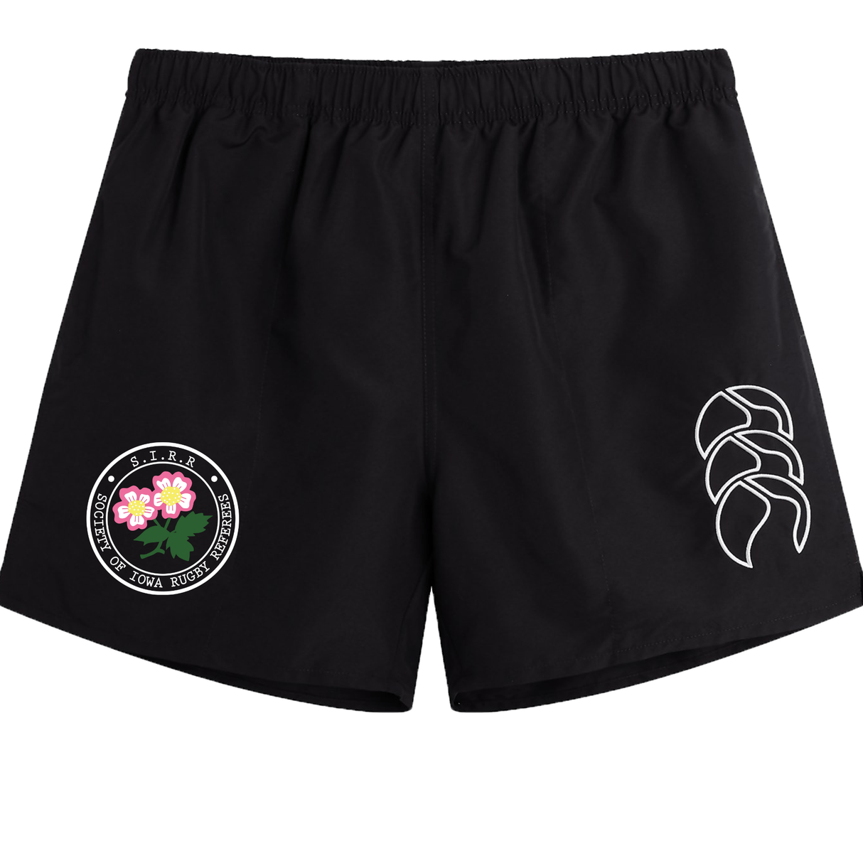 The EMB Canterbury Society of Iowa Rugby Referees Tactic Short for men features a lightweight design with a round floral patch near the left hem and a white abstract motif on the right, offering stylish rugby shorts with a unique touch.