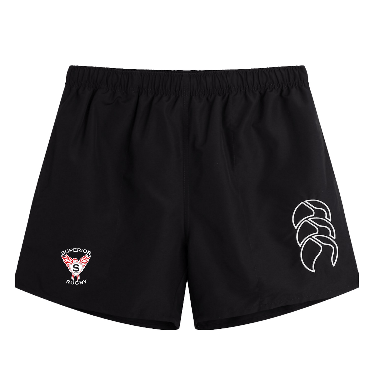 The EMB Canterbury Superior Rugby Club Tactic Short features an elastic waistband, "Superior Rugby" logo on the left leg, and a white graphic on the right. Lightweight and perfect for any gym training session.