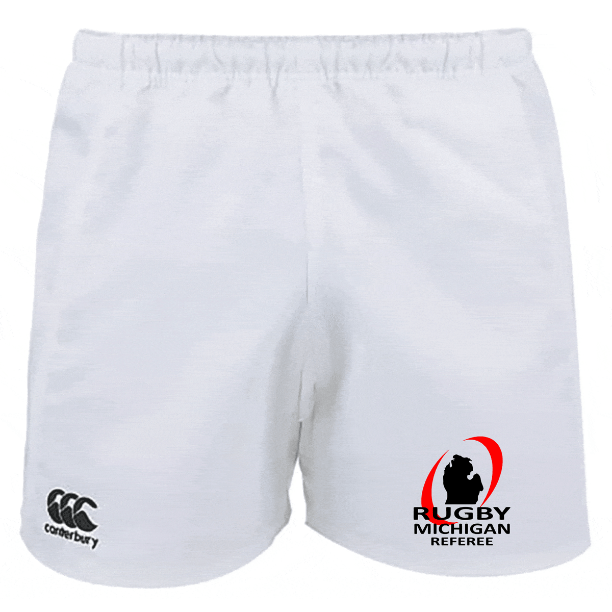 Rugby Michigan Referee Society Professional Polyester Rugby Short by EMB Canterbury featuring the Canterbury and Rugby Michigan Referee logos.