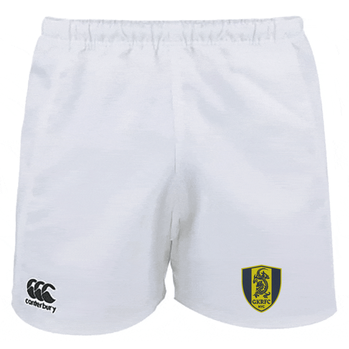 The Gotham Knights Professional Polyester Rugby Shorts by EMB Canterbury feature an embroidered "Canterbury" logo on the left thigh and a "GKRFC" crest on the right thigh.