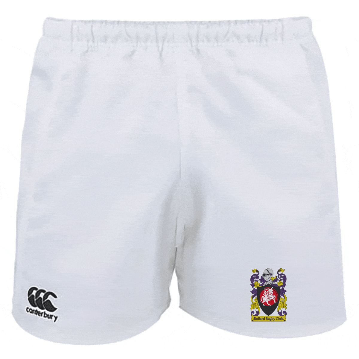 The CenCal Youth Bullard Professional Polyester Rugby Shorts by EMB Canterbury showcase the iconic Canterbury logo on the left leg, accompanied by a Dulwich Rugby Club crest on the right. Made from durable polyester, they provide both style and comfort on the field.