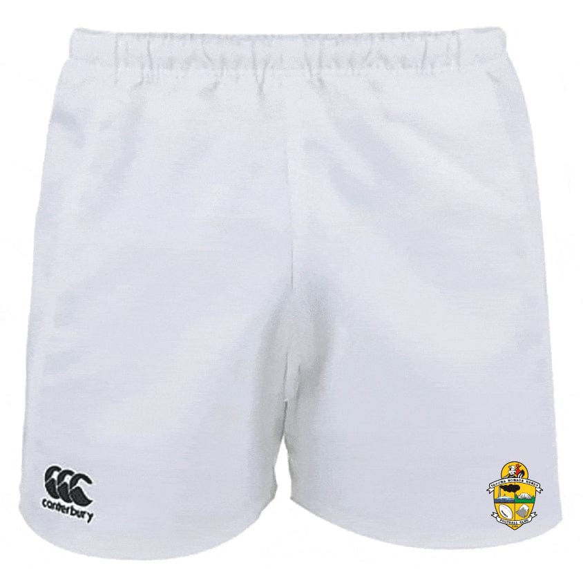 The Tacoma Rugby Advantage Rugby Shorts by EMB Canterbury feature a Canterbury logo on the left leg and a team crest on the right leg. Designed for ease of movement and equipped with moisture management technology, these shorts ensure comfort during intense play.