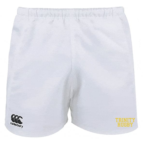 The Trinity College Professional Polyester Rugby Shorts by EMB Canterbury, featuring the Canterbury logo on the left leg and "Trinity Rugby" printed in yellow on the right leg, offer both style and performance.