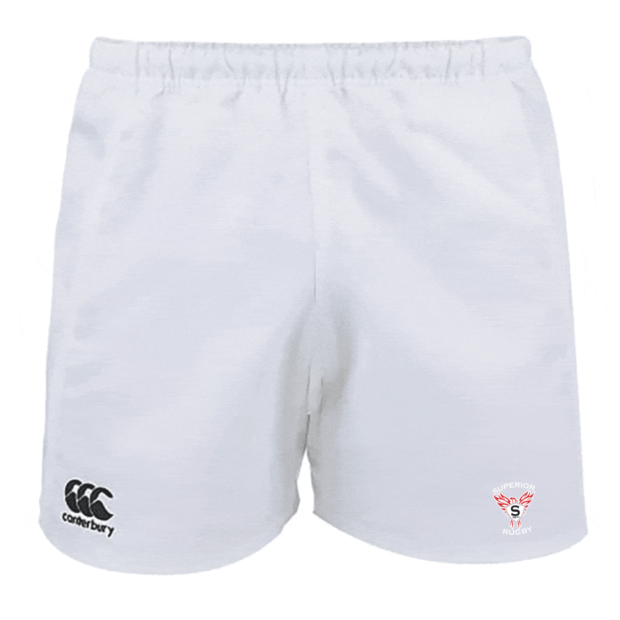 The EMB Canterbury Superior Rugby Club Advantage Rugby Shorts feature moisture-wicking fabric, an elastic waistband, the Canterbury logo on the left leg, and the Superior Rugby logo on the right leg.