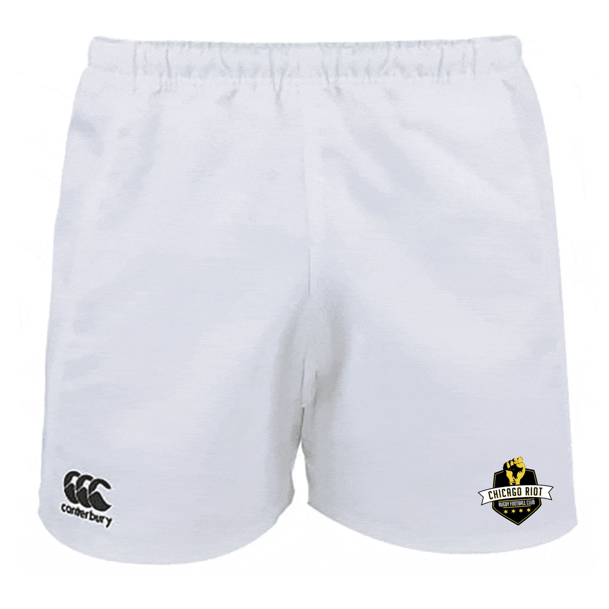 The Chicago Riot Advantage Rugby Shorts by Canterbury feature moisture-wicking fabric, the EMB Canterbury logo on the left leg, and the Chicago Riot Rugby logo on the right—ideal shorts for every match.