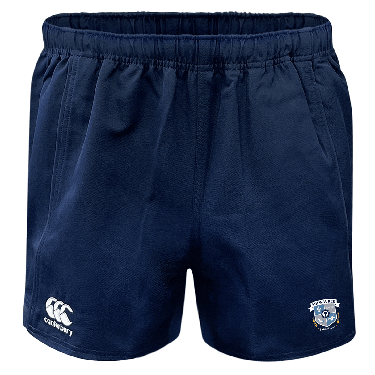 Milwaukee Barbarians Rugby Advantage Rugby Shorts by EMB Canterbury feature an elastic waistband, Canterbury logo on the left leg, Barbarians crest on the right leg, and moisture-wicking fabric for comfort on and off the field.