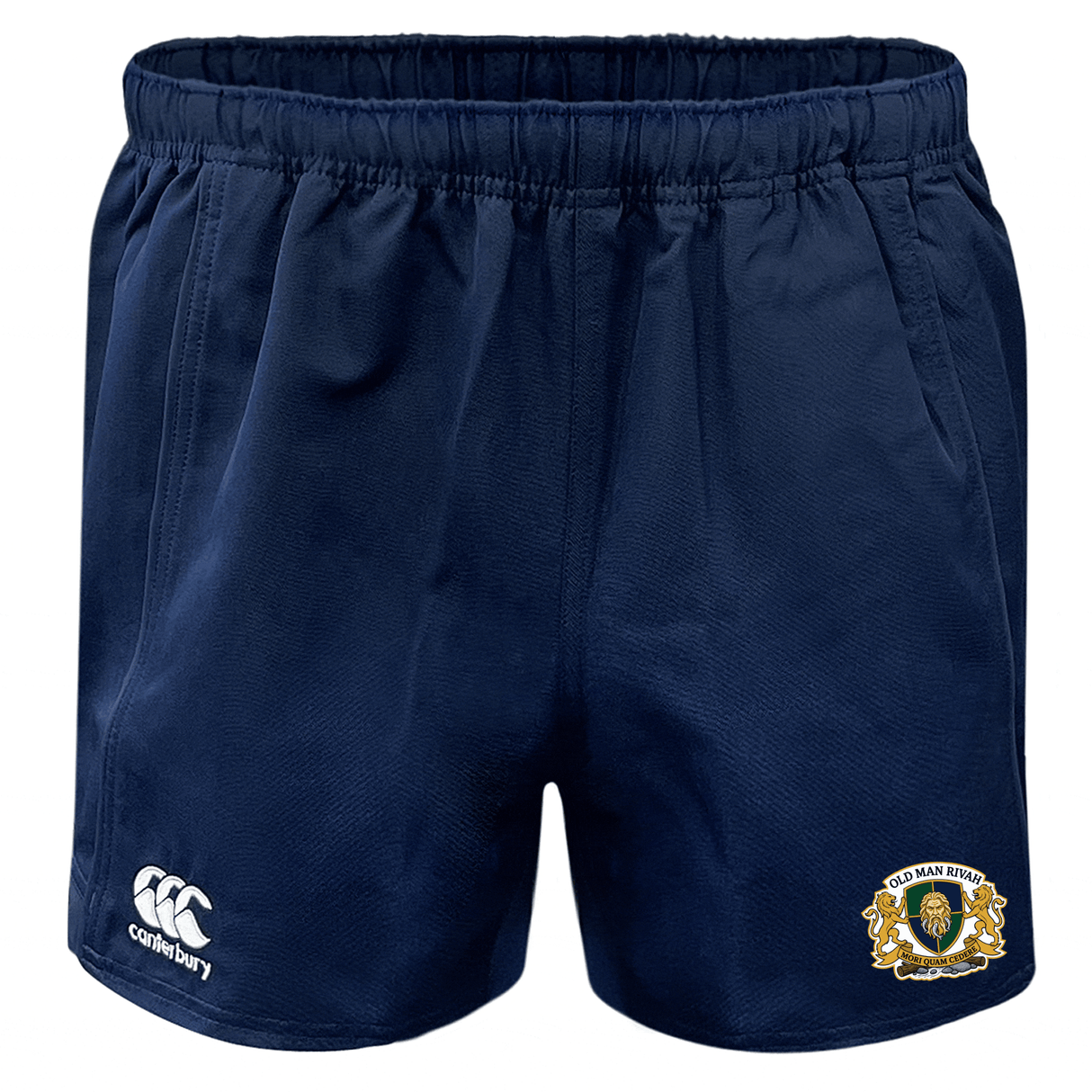 The EMB Canterbury Old Man Rivah Rugby Advantage Shorts feature an elastic waistband, moisture-wicking fabric, the Canterbury logo on one leg, and an "Old Man Rivah" crest on the other.