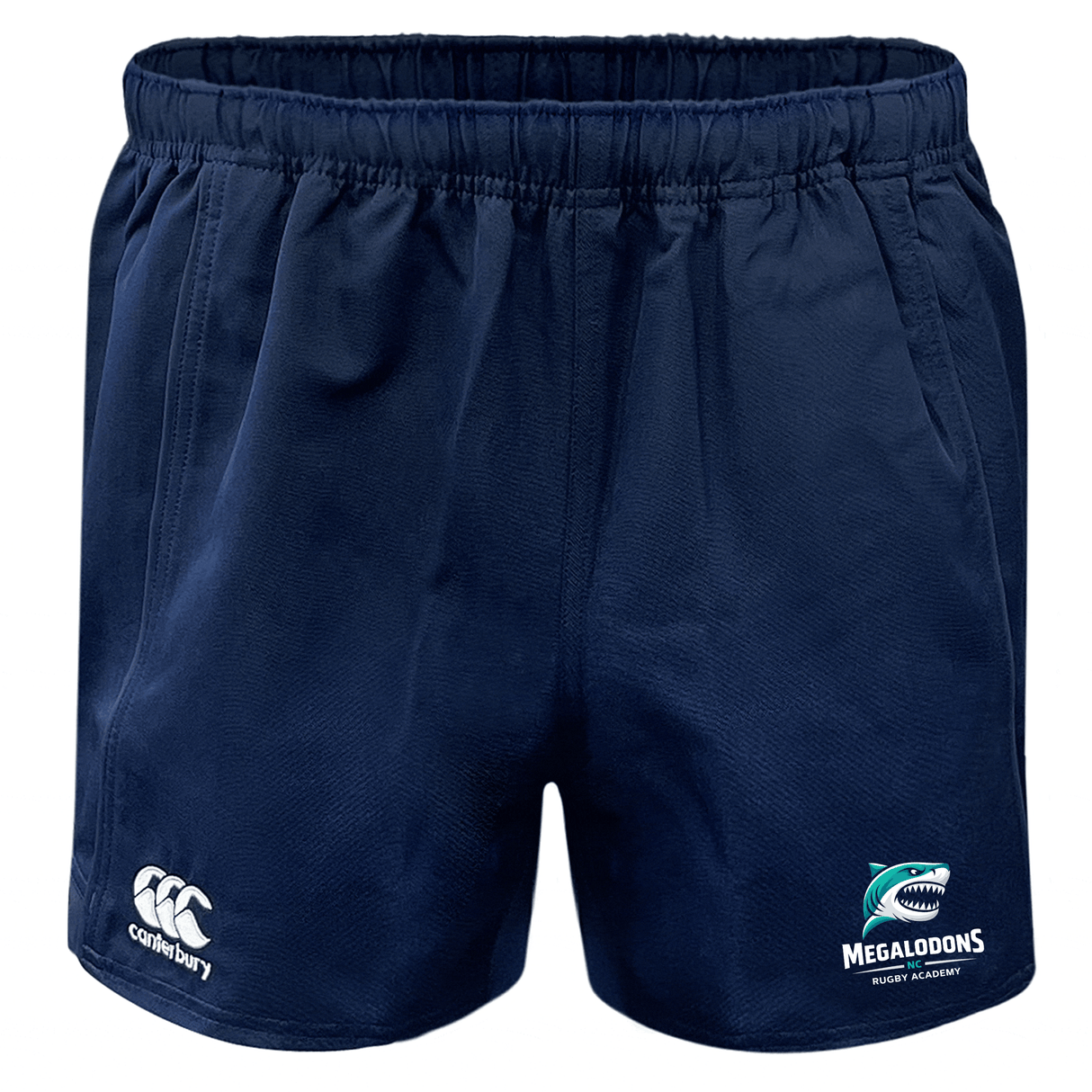 The NC Rugby Academy - Megalodons Advantage Rugby Shorts by EMB Canterbury feature a navy blue design, elastic waistband, white Canterbury logo, and academy emblem for comfort and moisture wicking during performance.