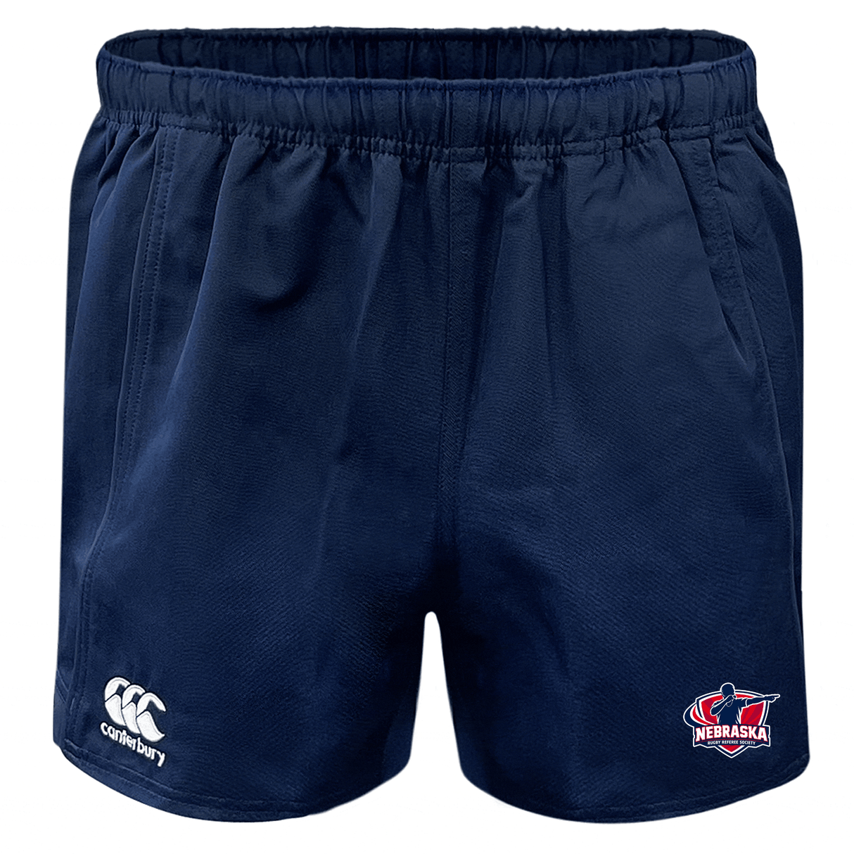 Nebraska Rugby Referee Society Advantage Rugby Shorts by EMB Canterbury, navy blue with moisture-wicking design, iconic logo on the left leg, Nebraska-themed emblem on the right, shown on a white background.