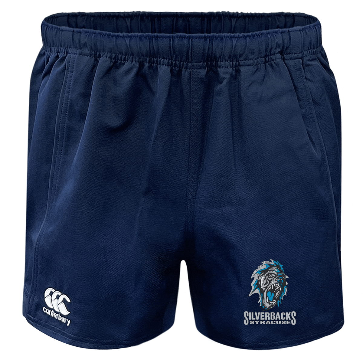 Navy blue Syracuse Silverbacks Advantage Rugby Shorts by Canterbury featuring "Silverbacks Syracuse" and a lion logo on the right leg, with the EMB Canterbury logo on the left leg. These shorts come with moisture-wicking technology and non-slip grips for optimal performance.