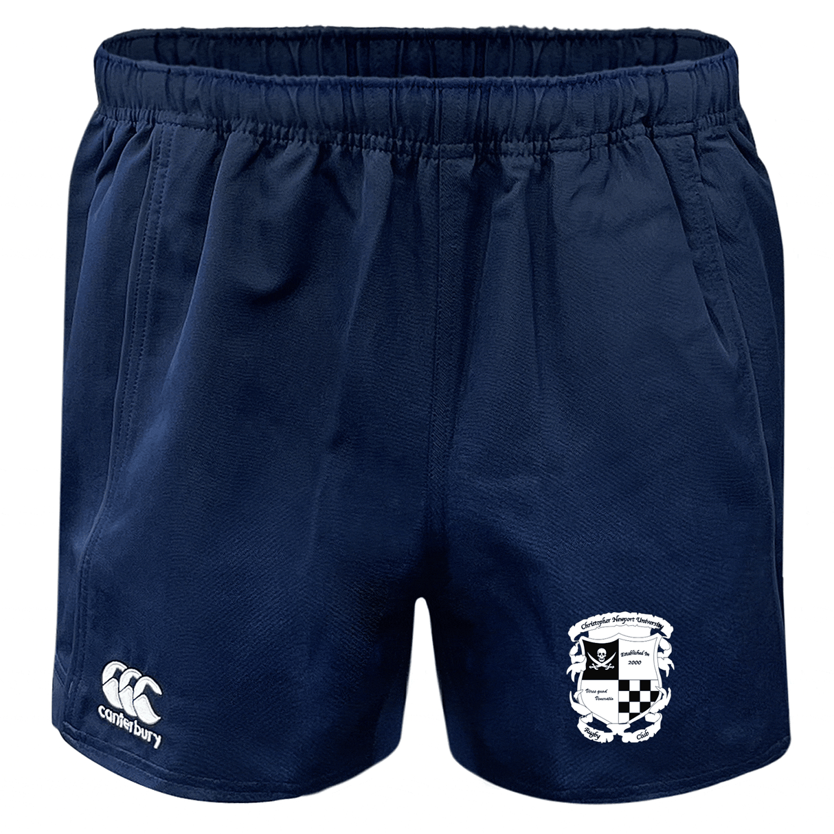 Navy blue Advantage Rugby Shorts by EMB Canterbury with an elastic waistband and a white logo on the left leg, featuring a shield emblem on the right.