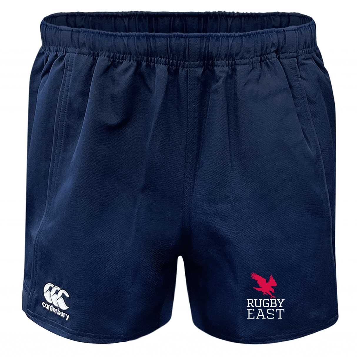 These Navy blue Rugby East Conference Advantage Rugby Shorts by Canterbury feature the iconic EMB Canterbury logo on the left thigh and "Rugby East" with an eagle logo on the right thigh. Crafted from moisture wicking fabric, these Rugby East Conference Advantage Rugby Shorts by Canterbury ensure comfort and performance on the field.