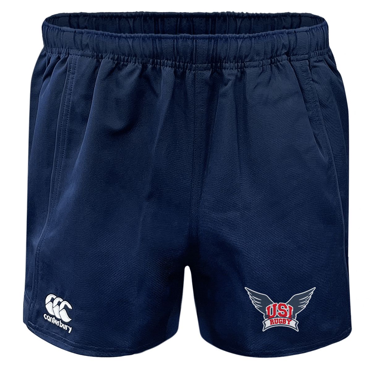 University of Southern Indiana Advantage Rugby Shorts by EMB Canterbury featuring the Canterbury logo on the left leg and the USA Rugby logo with wings on the right leg, designed with moisture management technology for optimal performance.