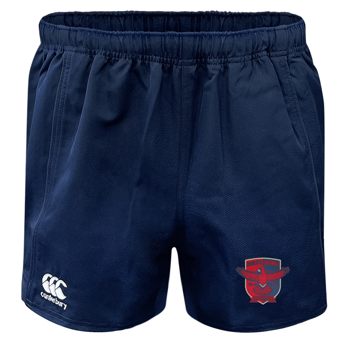 Navy blue EMB Canterbury Advantage Rugby Shorts with a branded logo on the left and a team emblem on the right, featuring moisture-wicking fabric.