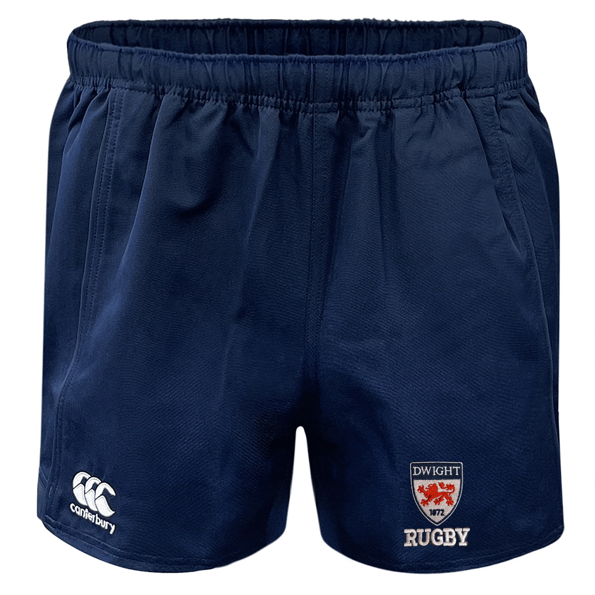 Navy blue EMB Canterbury rugby shorts with moisture wicking fabric, white embroidered logos, and "dwight rugby" text on the left thigh.