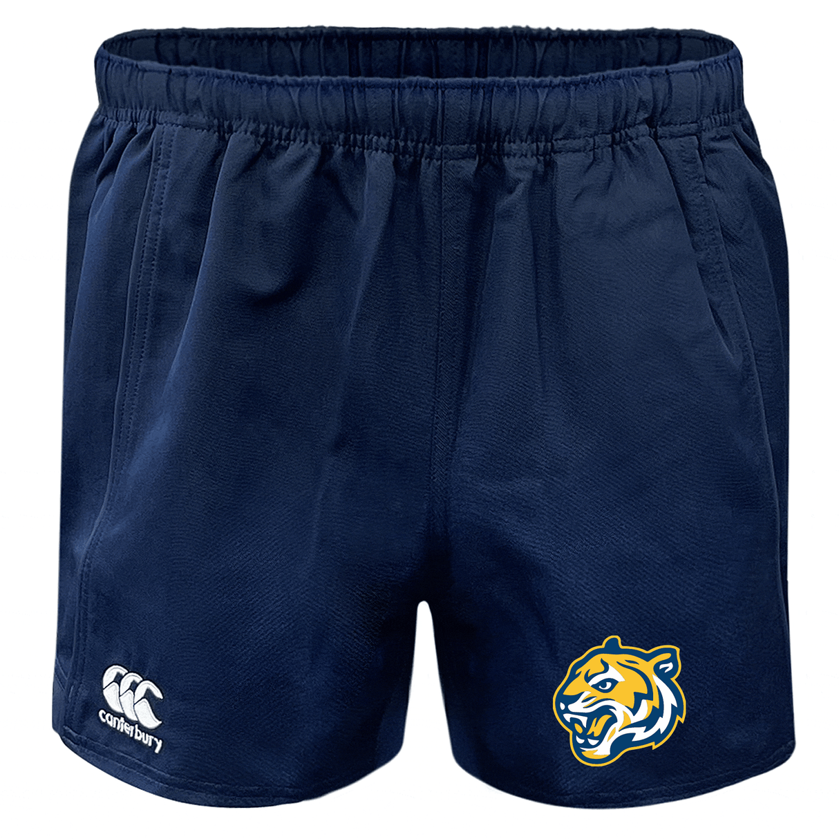 Navy blue Noble Street College Prep Advantage Rugby Shorts with a lion logo on the right leg and an EMB Canterbury logo on the left leg.