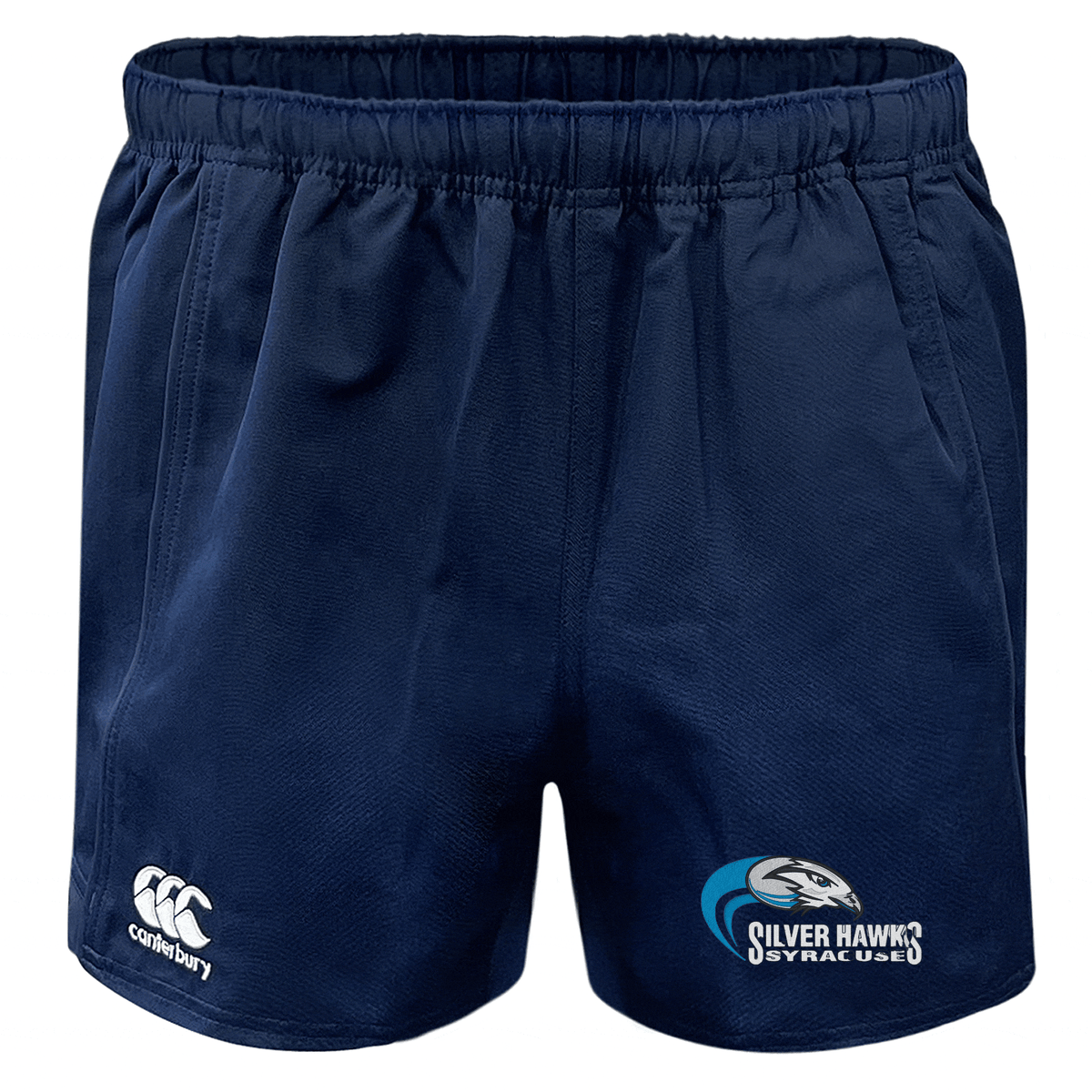 Navy blue Syracuse Silver Hawks Advantage Rugby Shorts by EMB Canterbury with an elastic waistband and two logos. One logo reads "Silver Hawks Syracuse" alongside an eagle design, and the other is a white emblem with the letters "CCC." Featuring moisture-wicking fabric, these shorts are perfect for staying cool and dry during intense workouts.