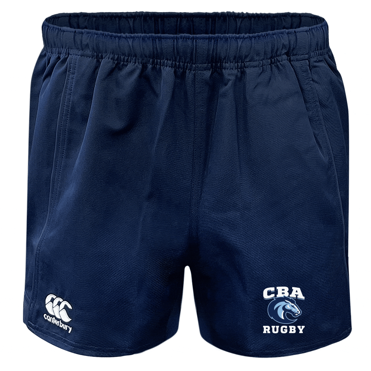 Navy rugby shorts featuring the "Canterbury" logo on the left and the "CBA Rugby" lion head on the right. The Christian Brothers Academy Rugby Advantage Rugby Shorts by EMB Canterbury are made with moisture-wicking fabric, perfect for intense matches or casual wear.