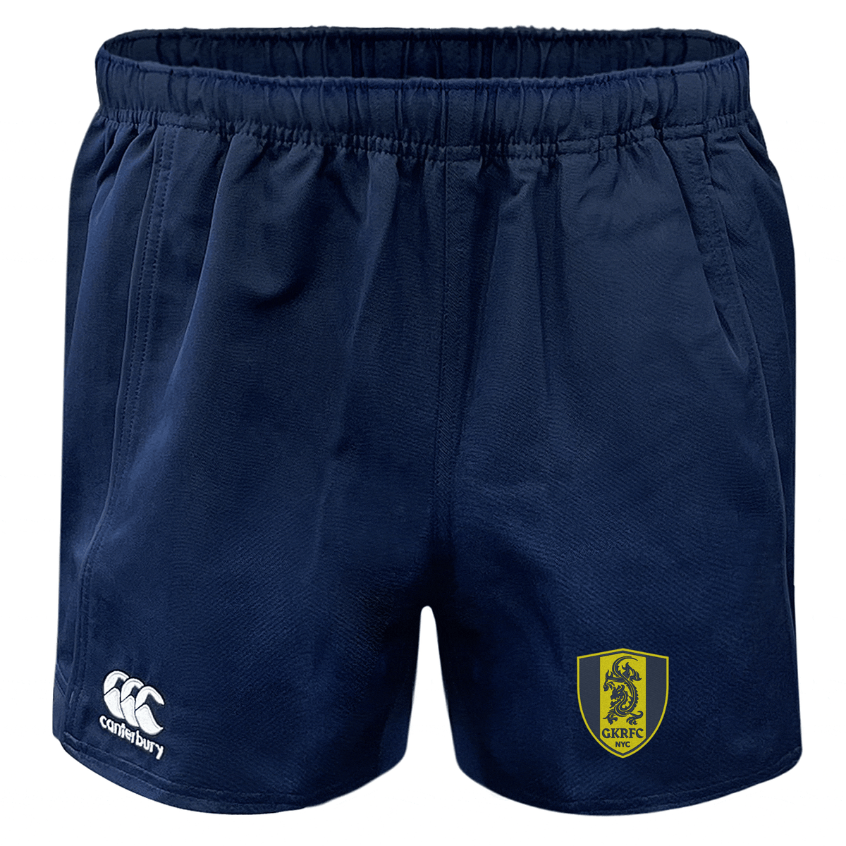 Gotham Knights Advantage Rugby Shorts by EMB Canterbury in navy blue, equipped with an elastic waistband and featuring moisture-wicking fabric, adorned with a lion logo on a yellow shield, and the Canterbury brand logo in white.