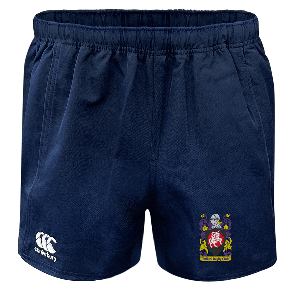 The Bullard Rugby Advantage Rugby Shorts by EMB Canterbury, in navy blue, feature a logo on the right leg and a Canterbury emblem on the left. They are designed for ease of movement and optimal performance with moisture-wicking fabric.