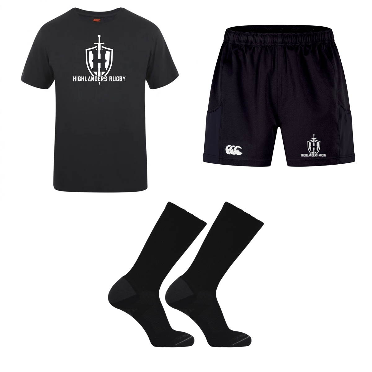 Introducing the Highlanders New Player Bundle - Youth from Bundle, a black sports kit that includes a t-shirt, shorts, and socks all featuring the iconic team's logo.