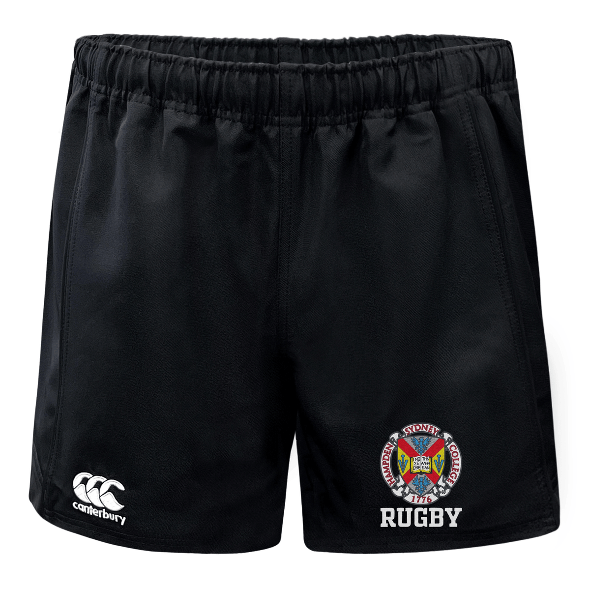 The Hampden Sydney College Advantage Rugby Shorts by EMB Canterbury are black and feature an embroidered logo on the right leg with the word "Rugby" beneath it, and the Canterbury logo on the left leg. They also incorporate moisture management technology to keep you comfortable during intense matches.