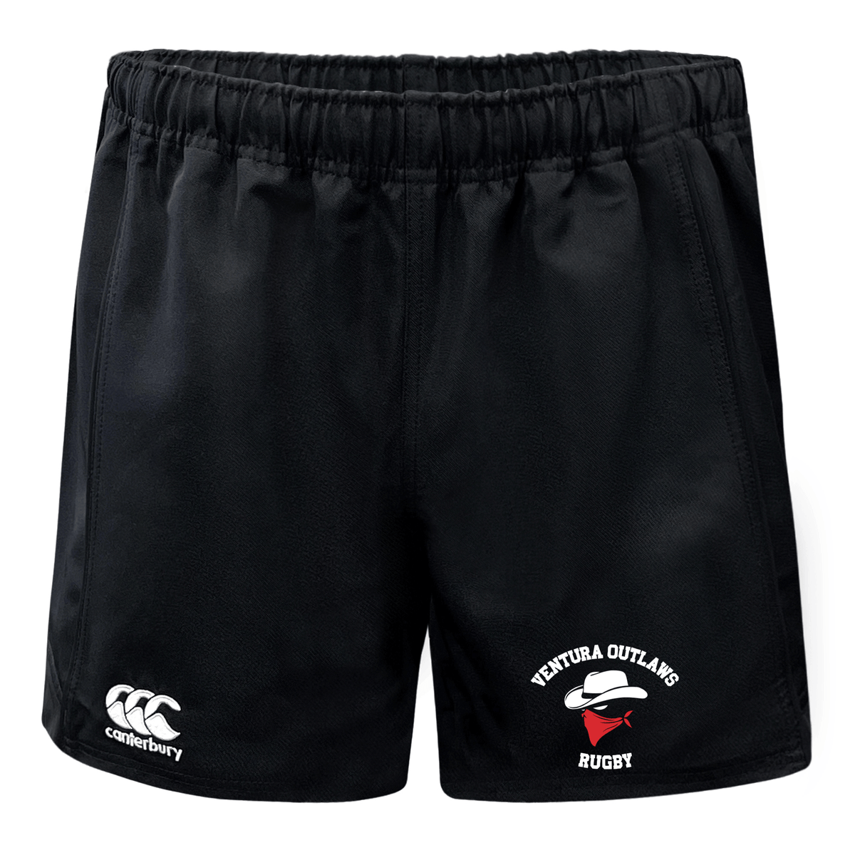 The Ventura Outlaws Rugby Advantage Rugby Shorts by EMB Canterbury are black rugby shorts with an elastic waistband designed for optimal performance. These Canterbury shorts feature moisture-wicking fabric, non-slip grips, and two logos: "Canterbury" on the left and "Ventura Outlaws Rugby" on the right.