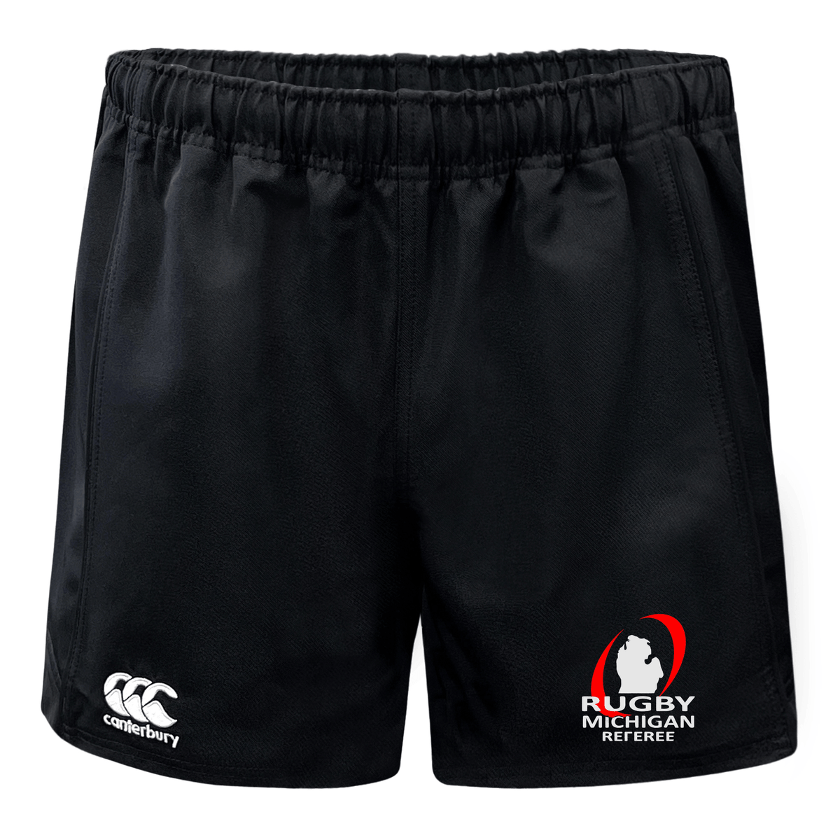 EMB Canterbury's Rugby Michigan Referee Society Professional Polyester Rugby Shorts, designed with durable polyester and showcasing the emblem on the side.
